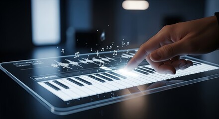 A musician's hand playing a glowing virtual piano keyboard on a futuristic transparent tablet.