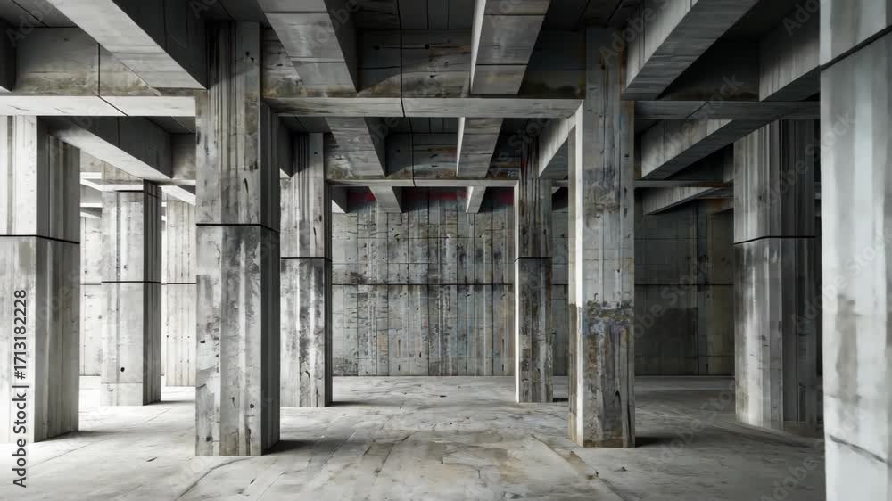 Poster concrete grid: a stark architectural display of raw concrete structure, with imposing pillars and be