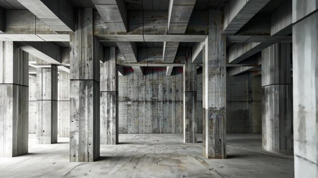 Concrete Grid: A stark architectural display of raw concrete structure, with imposing pillars and beams forming a grid-like pattern, emphasizing minimalist design.