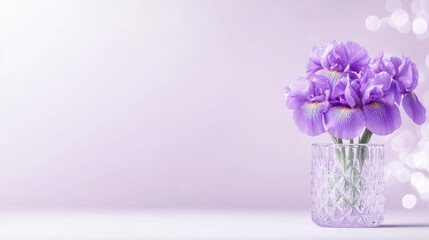 Elegant purple iris bouquet with soft lighting in crystal vase for decor and gift ideas