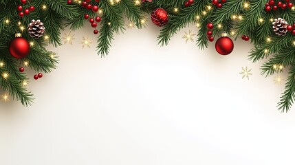 Christmas Corner Border with Pine Branches, Red Baubles, Berries, Pinecones and Twinkling Lights