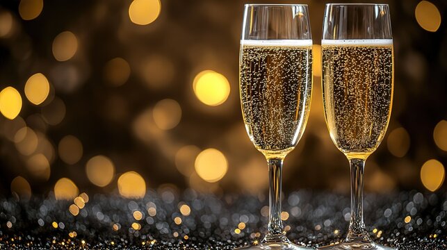 Two Flutes of Sparkling Champagne with Bokeh Background