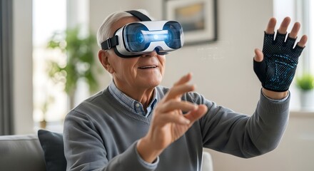 Virtual Experience for senior: An elderly individual explores a virtual world through advanced VR technology, equipped with a headset and a tactile glove for immersive engagement.