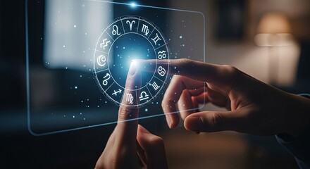 A person's finger touches a glowing zodiac wheel on a futuristic transparent digital screen.