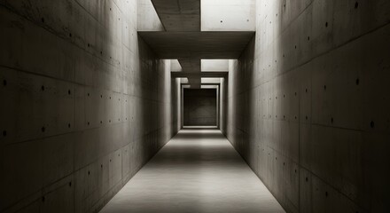 Architectural Symmetry: A long, concrete corridor unfolds, its repeating geometric patterns drawing the eye towards a distant point, creating a strong sense of perspective, light and shadow play.