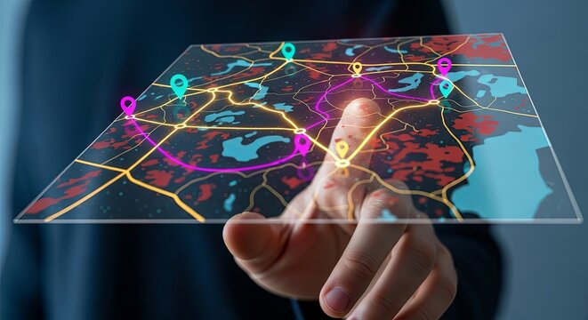 A person's hand interacts with a futuristic, transparent digital map showing complex routes and location pins. - Powered by Adobe