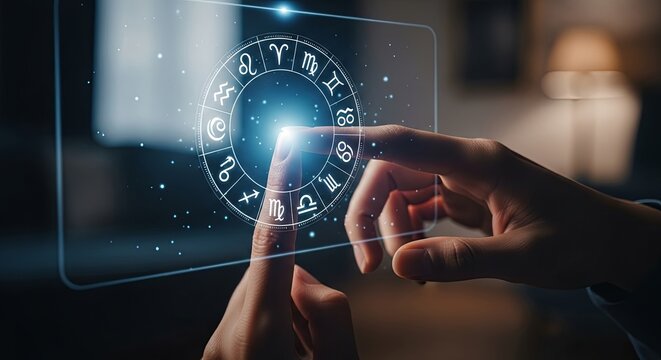 A person's finger touches a glowing zodiac wheel on a futuristic transparent digital screen.