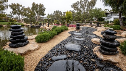 A tranquil Japanese garden path winds through a meticulously landscaped area, featuring smooth, dark stones and serene stacks of black stones.