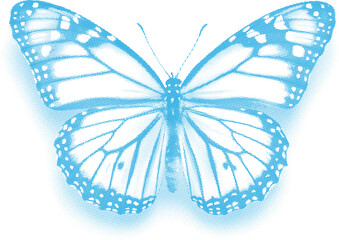 Vector halftone dots art of a blue butterfly with intricate wing patterns