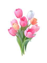 Vibrant bouquet of pink, white, and orange tulip flowers with fresh green leaves, creating cheerful and elegant floral arrangement