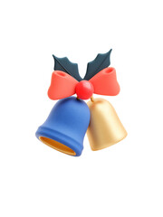 Christmas bell clipart with blue and gold bells, red bow and holly leaves, festive holiday decoration with joyful colors