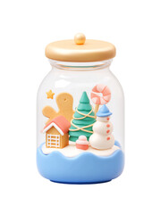 Christmas cookie jar with gingerbread man, snowman, candy, and tree inside, festive holiday dessert decoration in glass container