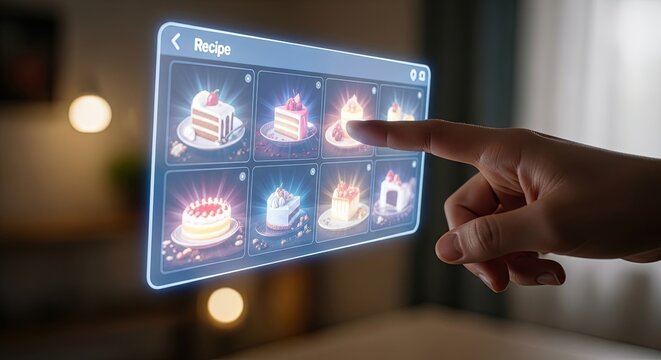 A person's hand selects a cake recipe from a futuristic holographic interface in a modern home. - Powered by Adobe
