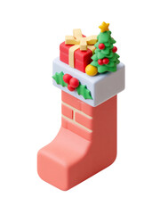 Christmas stocking with gift box and decorated tree on top, festive holiday decoration with holly berries and star, joyful winter celebration