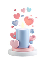 Romantic candle with glowing flame surrounded by floating pink and blue heart shapes, creating warm and loving atmosphere