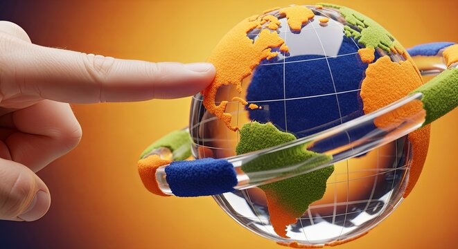 A human finger points to North America on a colorful globe held by a futuristic robotic arm against a warm orange background. - Powered by Adobe