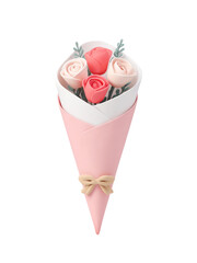 Soft pink and coral rose bouquet wrapped in pastel paper with decorative bow, perfect for romantic occasions and celebrations