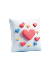 White pillow with colorful red, blue, and yellow heart shapes, romantic and cozy decorative cushion for love and comfort