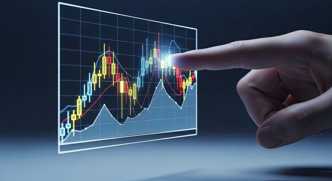 A person's finger touching a futuristic holographic display showing a glowing stock market candlestick chart.
