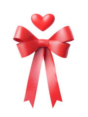 Red satin ribbon bow with heart shape above, romantic decoration element for celebration and gift wrapping