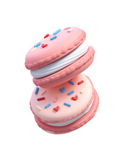 Pink macarons with white cream filling and colorful heart and stick sprinkles, sweet and festive dessert perfect for celebration or gift
