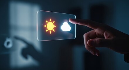 A person's finger touches a futuristic transparent screen displaying glowing weather icons for sun and clouds.