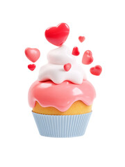 Valentine cupcake with pink frosting and white cream topped with red heart shapes, sweet dessert with romantic decoration and love theme