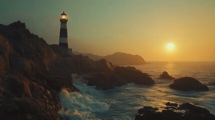 A serene lighthouse stands against a sunset backdrop, guiding ships at sea.