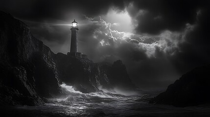 A dramatic lighthouse stands against stormy seas and dark clouds, illuminating the night.