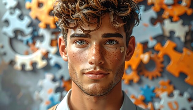 Close-up portrait of a young man with expressive eyes and a thoughtful expression, set against a dynamic backdrop of interlocking gears and puzzle pieces.
