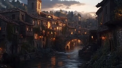 A serene riverside village at dusk, illuminated by warm lights and surrounded by nature.