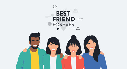 Four diverse friends standing together, expressing friendship and support, with the words "Best Friend Forever" above them.
