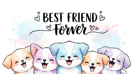 Five adorable cartoon puppies with happy expressions, their heads close together, celebrating friendship with "BEST FRIEND Forever" text above.