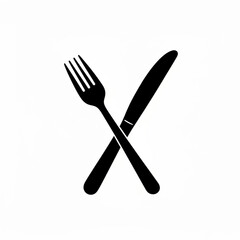 A simple black and white illustration of a crossed fork and knife on a plain white background design element created with generative ai