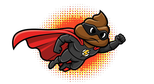 A funny cartoon poop character dressed as a superhero with a red cape, flying with a determined expression.