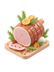 Cooked ham with herbs and spices on wooden cutting board, fresh sliced meat with orange and rosemary garnish, delicious food presentation