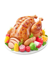 Roasted whole chicken with grilled skin served on white plate with corn, tomato, onion, lettuce, and orange slices for festive meal