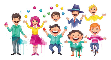 Colorful cartoon characters juggling and enjoying a playful activity.