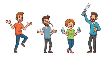 Four cartoon people celebrating: one dancing with open arms, one with a pipe, one lifting dumbbells, and one cheering with a drink.