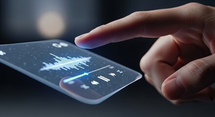 A finger interacts with a futuristic transparent touchscreen displaying a glowing blue audio waveform.
