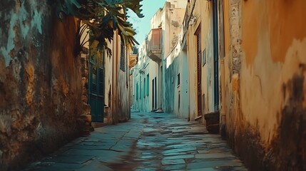 A narrow, cobblestone alleyway with colorful buildings and greenery.