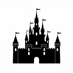 Obraz premium Silhouette of a majestic castle with multiple towers and flags against a white background creating a fantasy scene