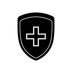 Obraz premium Black shield with white outline containing a white plus symbol in the center of the shield design