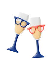 Two champagne glasses with foam and colorful glasses, festive celebration concept with fun and joy
