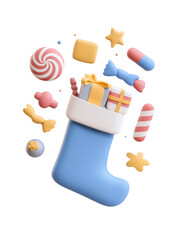 Christmas stocking filled with colorful candy and gift boxes, festive holiday decoration with joyful and playful elements