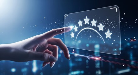 A person's finger touches a futuristic digital screen to give a five-star rating, symbolizing excellent customer experience and satisfaction.
