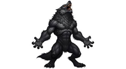 Ferocious mythic dark wolf creature with glowing yellow eyes and menacing stance on black background