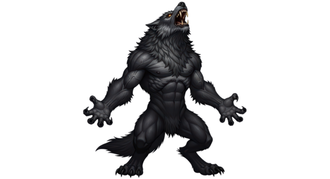 Ferocious mythic dark wolf creature with glowing yellow eyes and menacing stance on black background