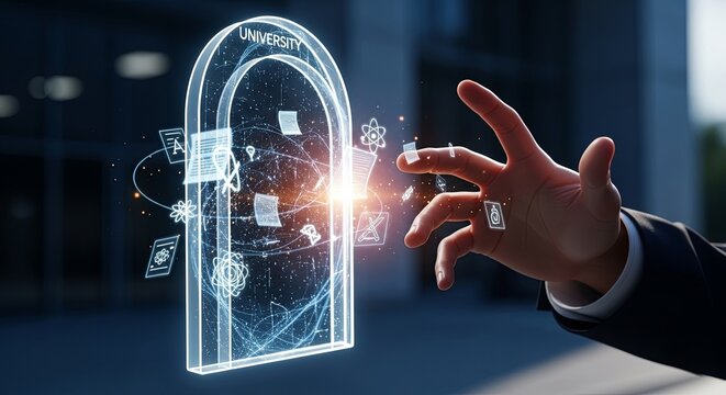 A person's hand reaches for a glowing holographic portal labeled university, symbolizing access to digital education and future learning technologies.