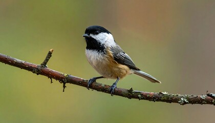 Obraz premium A charming black-capped chickadee perches serenely on a rustic branch against a blurred, natural backdrop.